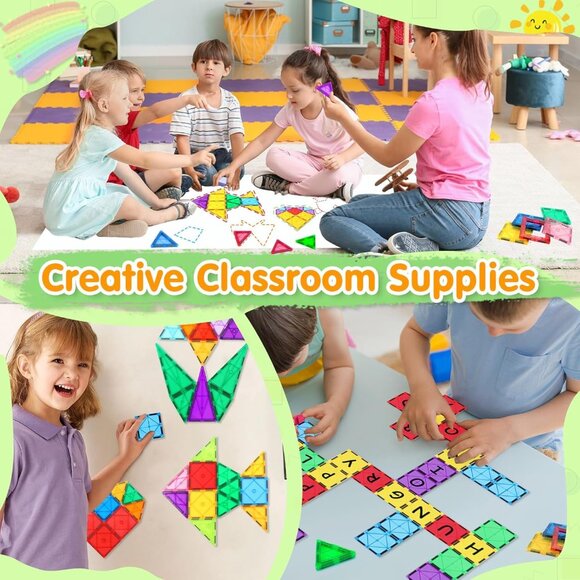 100PCS Magnetic Tiles Blocks for Kids Ages 3-5 4-8 with 2 Cars,STEM Learning Edu - Picture 4 of 8
